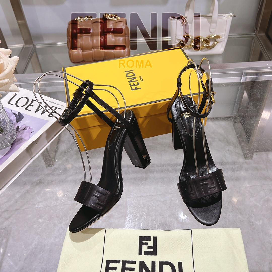 Fendi Delfina Black FF Nappa Leather High-heeled Sandals - EUR FASHION