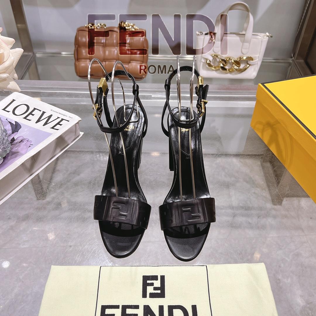 Fendi Delfina Black FF Nappa Leather High-heeled Sandals - EUR FASHION
