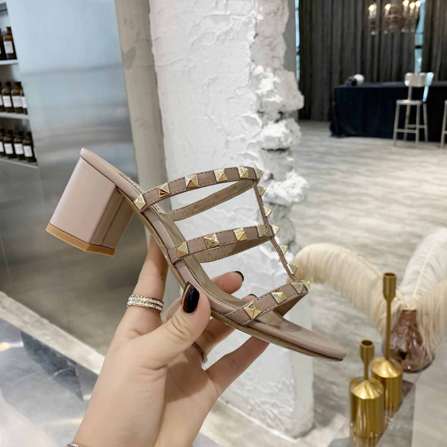 Valenti Rockstud Calfskin Leather Slide Sandal  - EUR FASHION