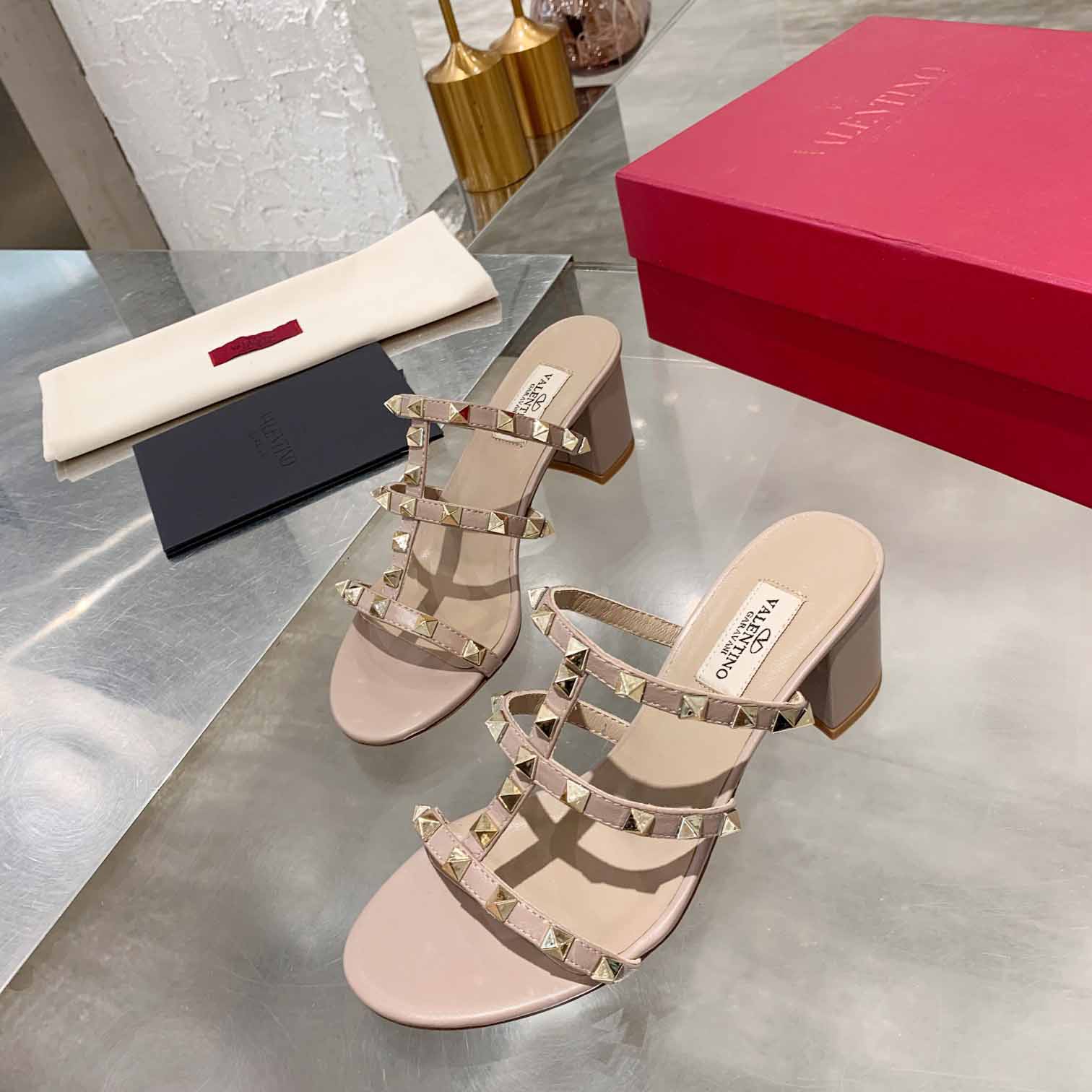 Valenti Rockstud Calfskin Leather Slide Sandal  - EUR FASHION