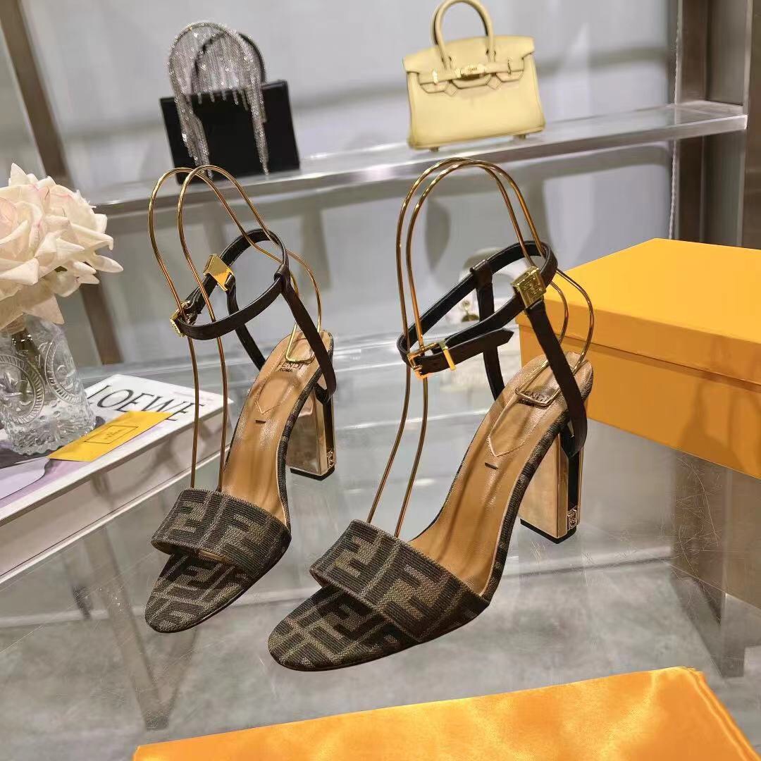 Fendi Delfina Brown Fabric High-heeled Sandals - EUR FASHION