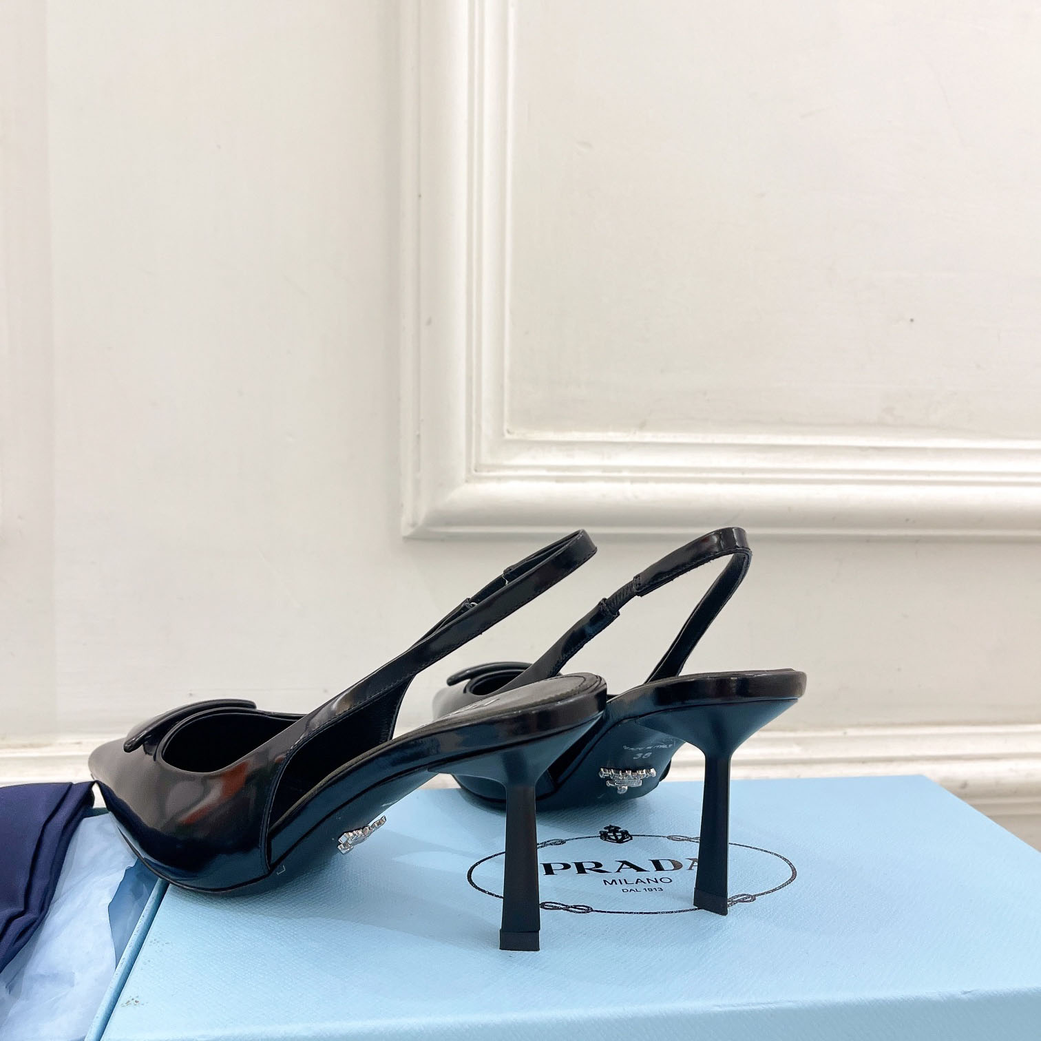 Prada Black Brushed Leather Slingback Pumps  75mm - EUR FASHION
