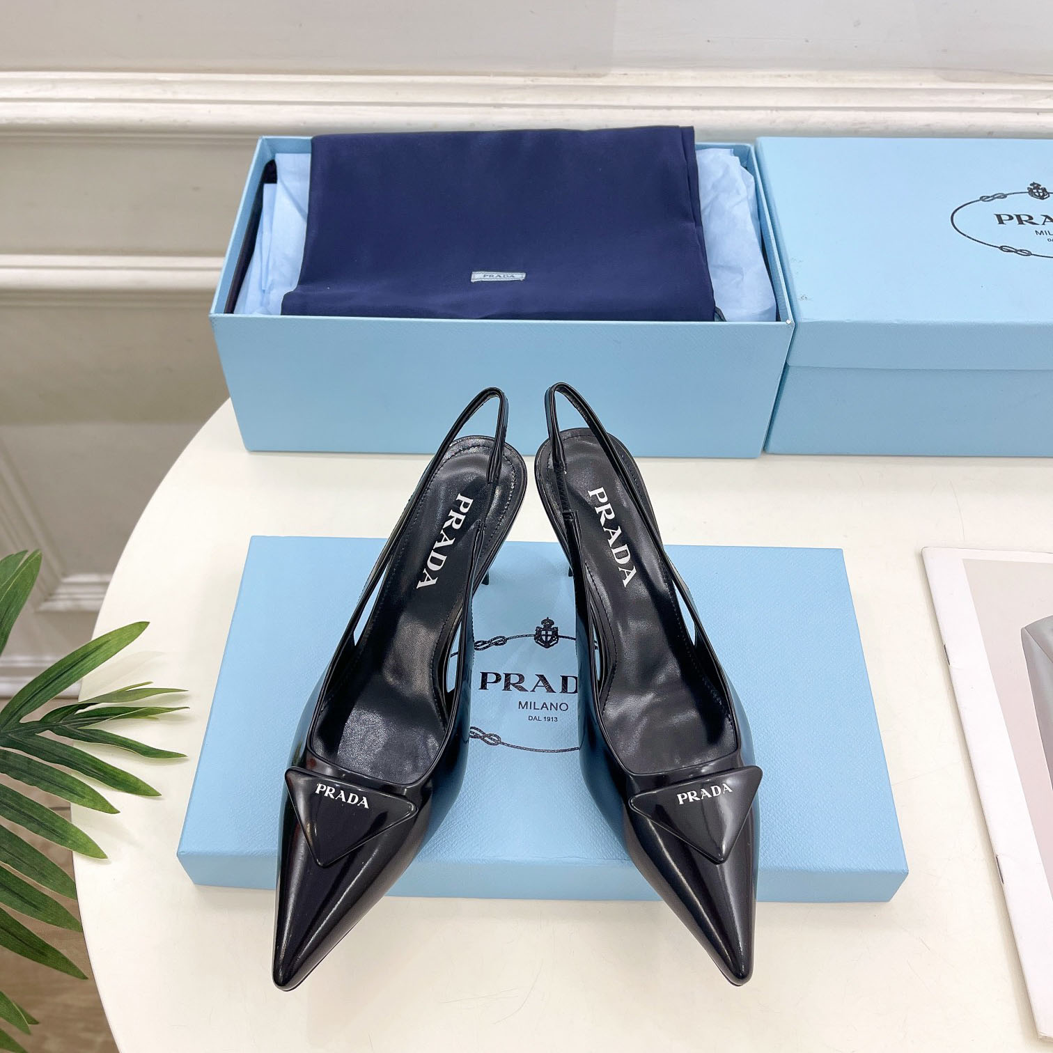 Prada Black Brushed Leather Slingback Pumps  75mm - EUR FASHION