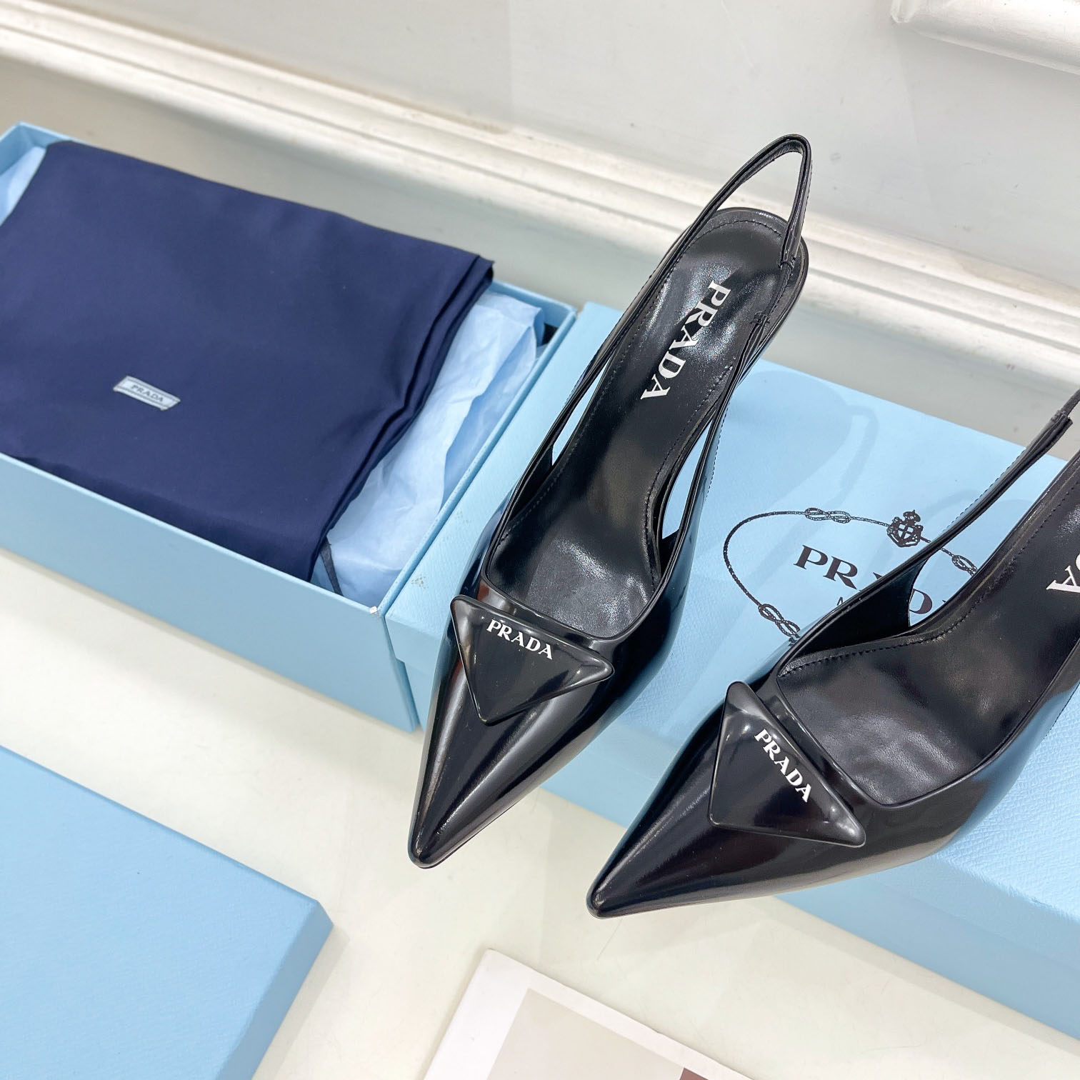 Prada Black Brushed Leather Slingback Pumps  75mm - EUR FASHION