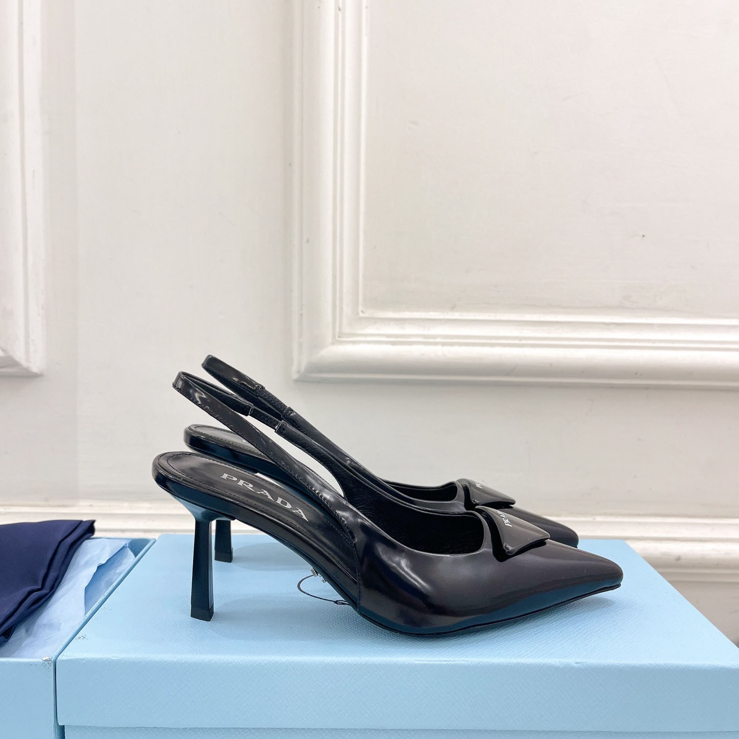 Prada Black Brushed Leather Slingback Pumps  75mm - EUR FASHION