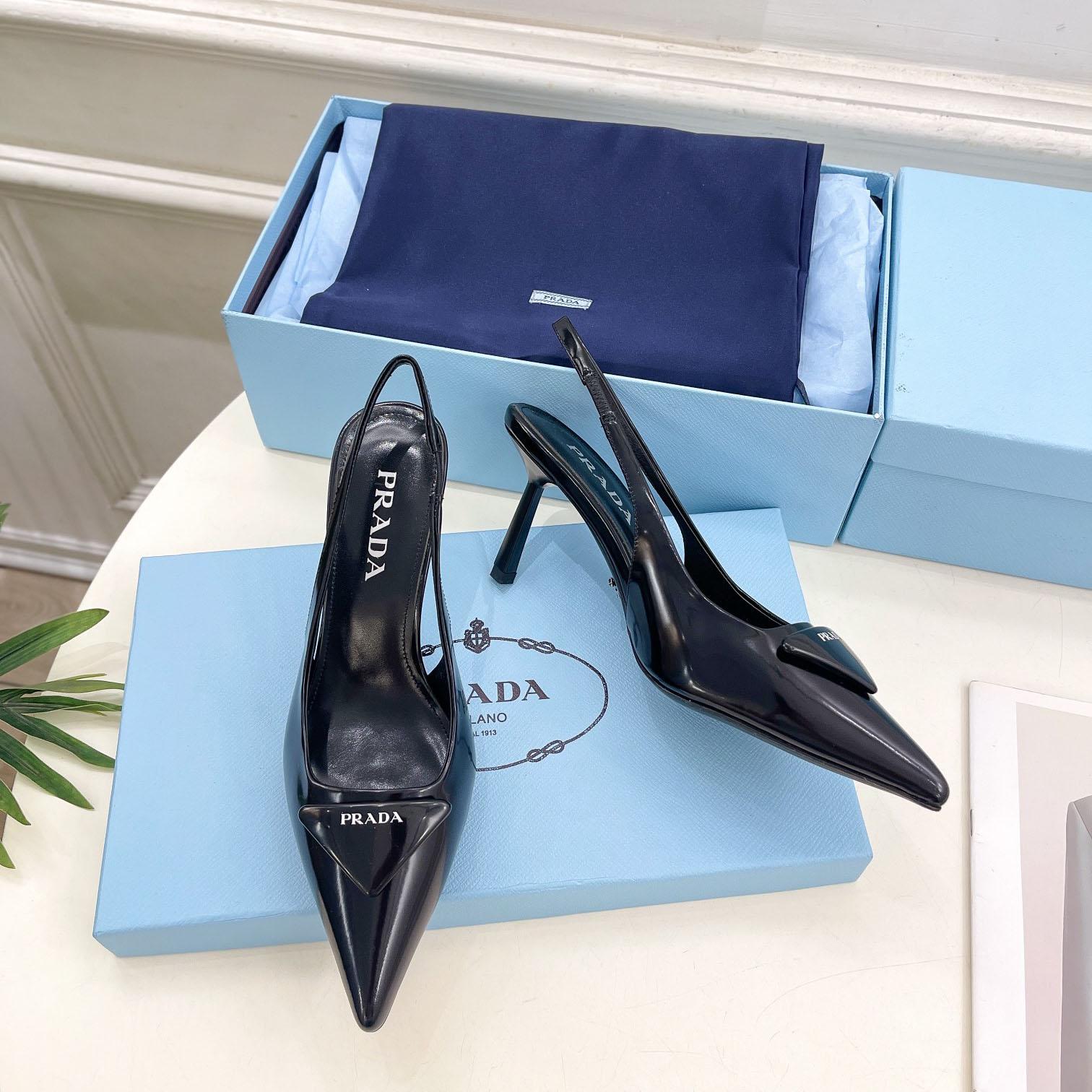 Prada Black Brushed Leather Slingback Pumps  75mm - EUR FASHION