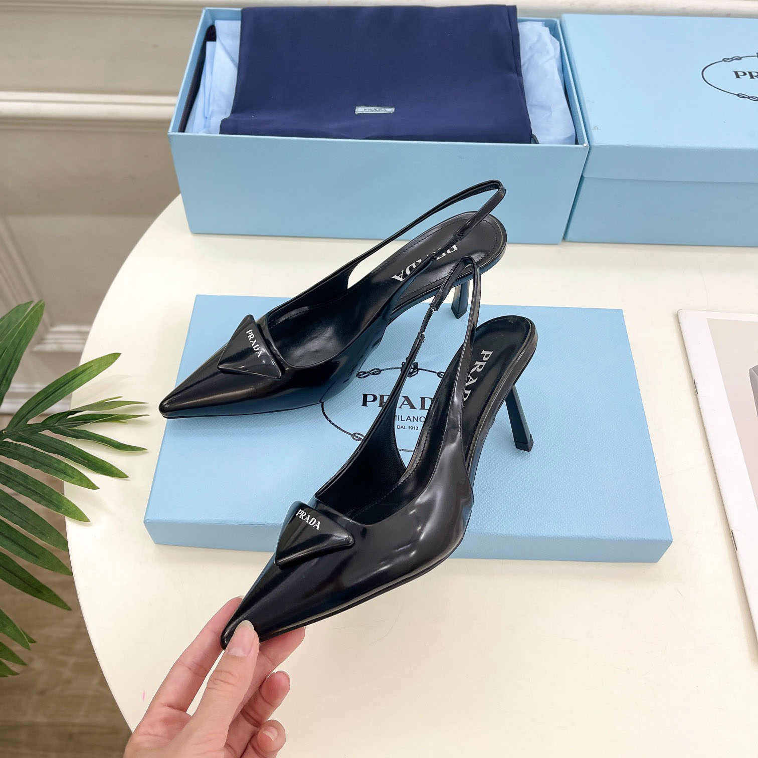 Prada Black Brushed Leather Slingback Pumps  75mm - EUR FASHION