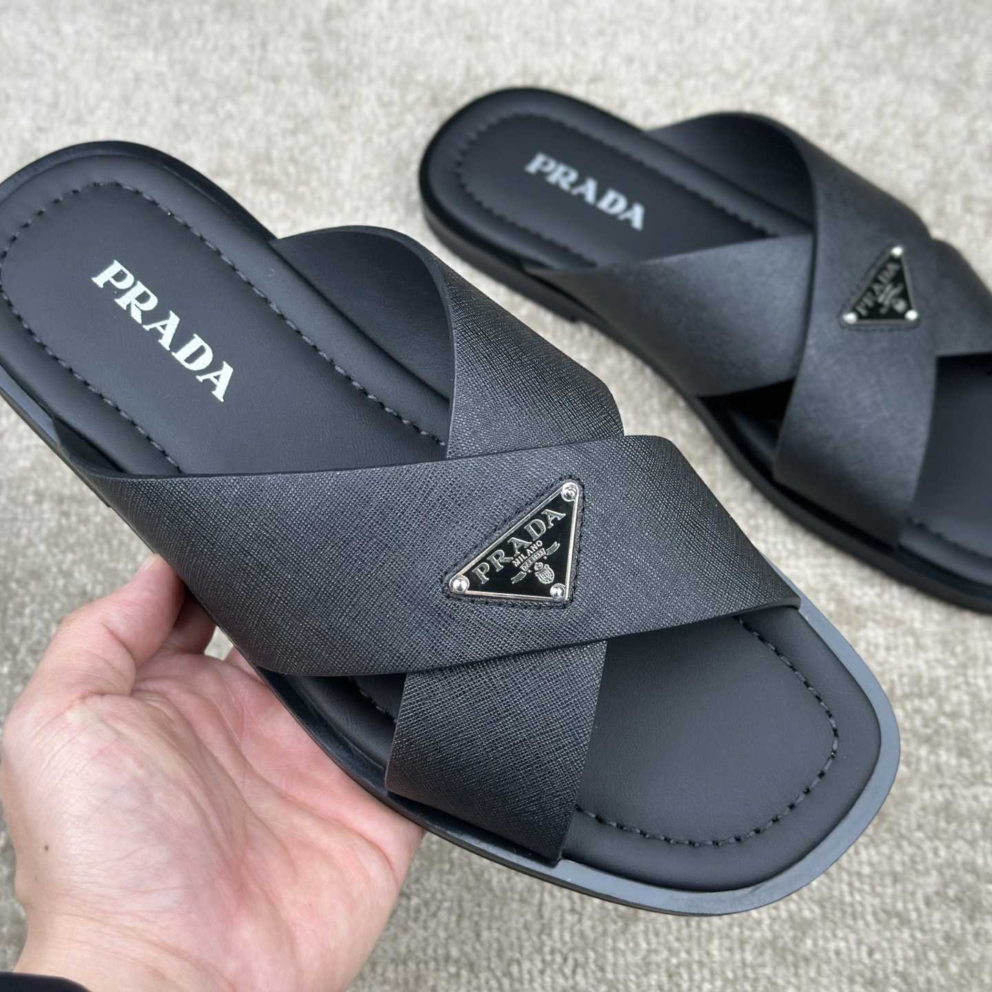 Prada Crisscross Leather Slides - EUR FASHION