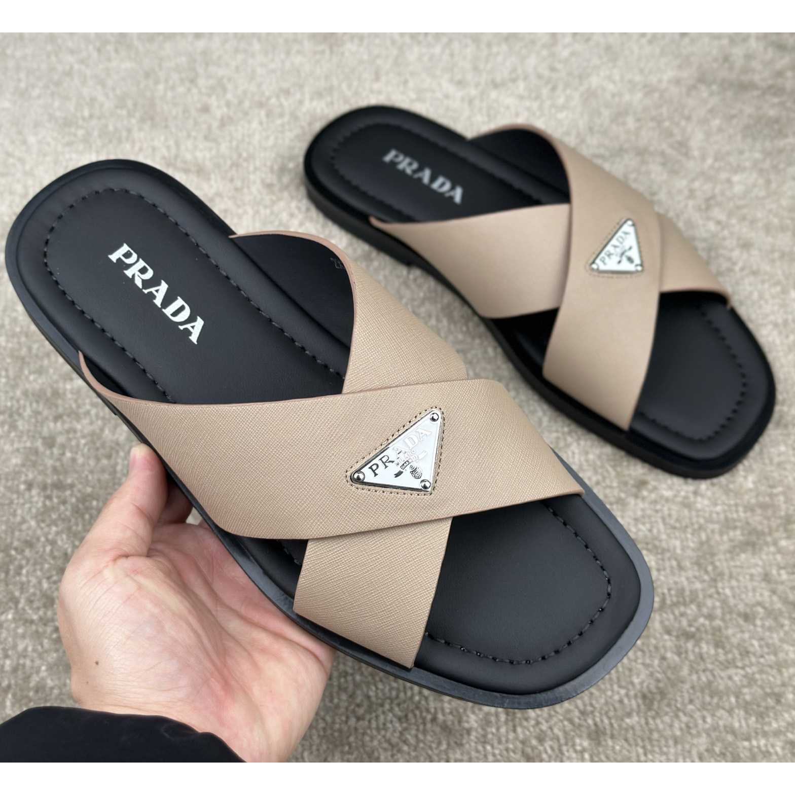 Prada Crisscross Leather Slides - EUR FASHION