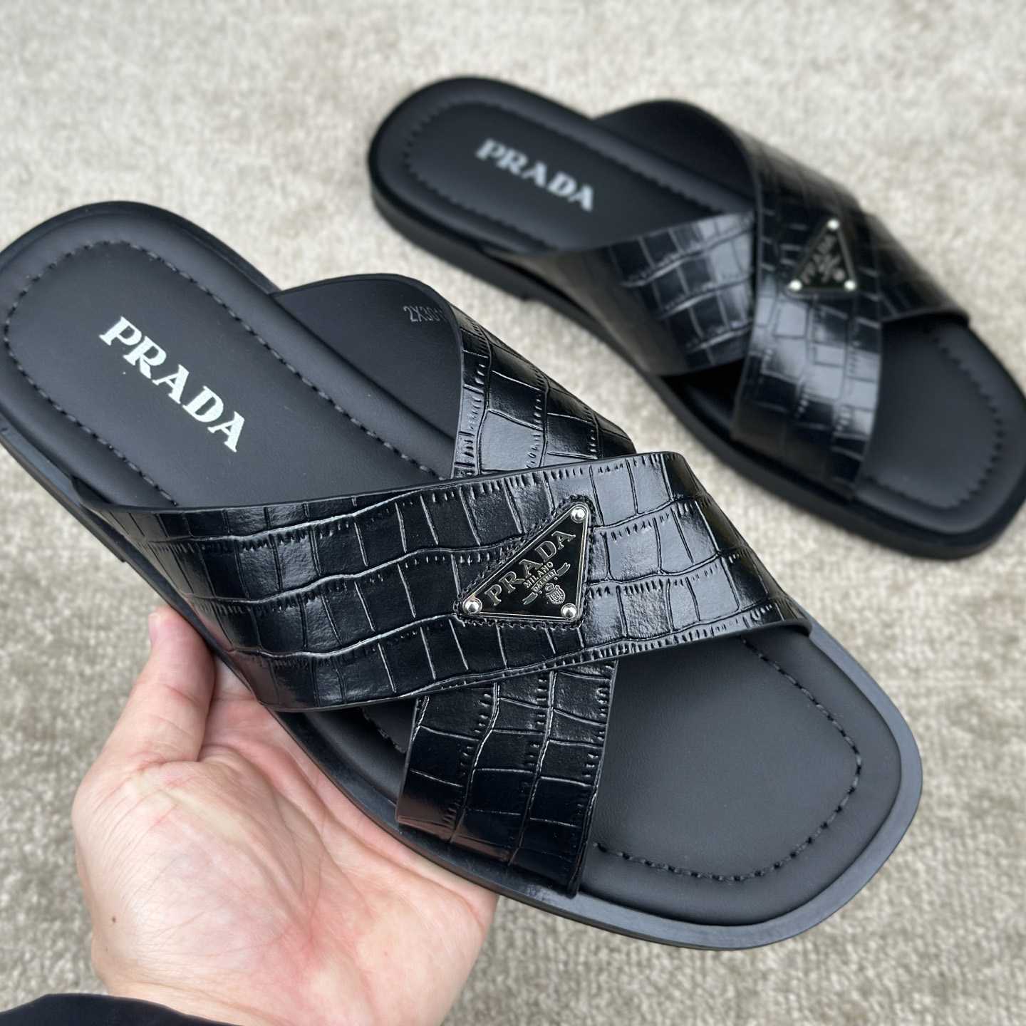 Prada Crisscross Leather Slides - EUR FASHION