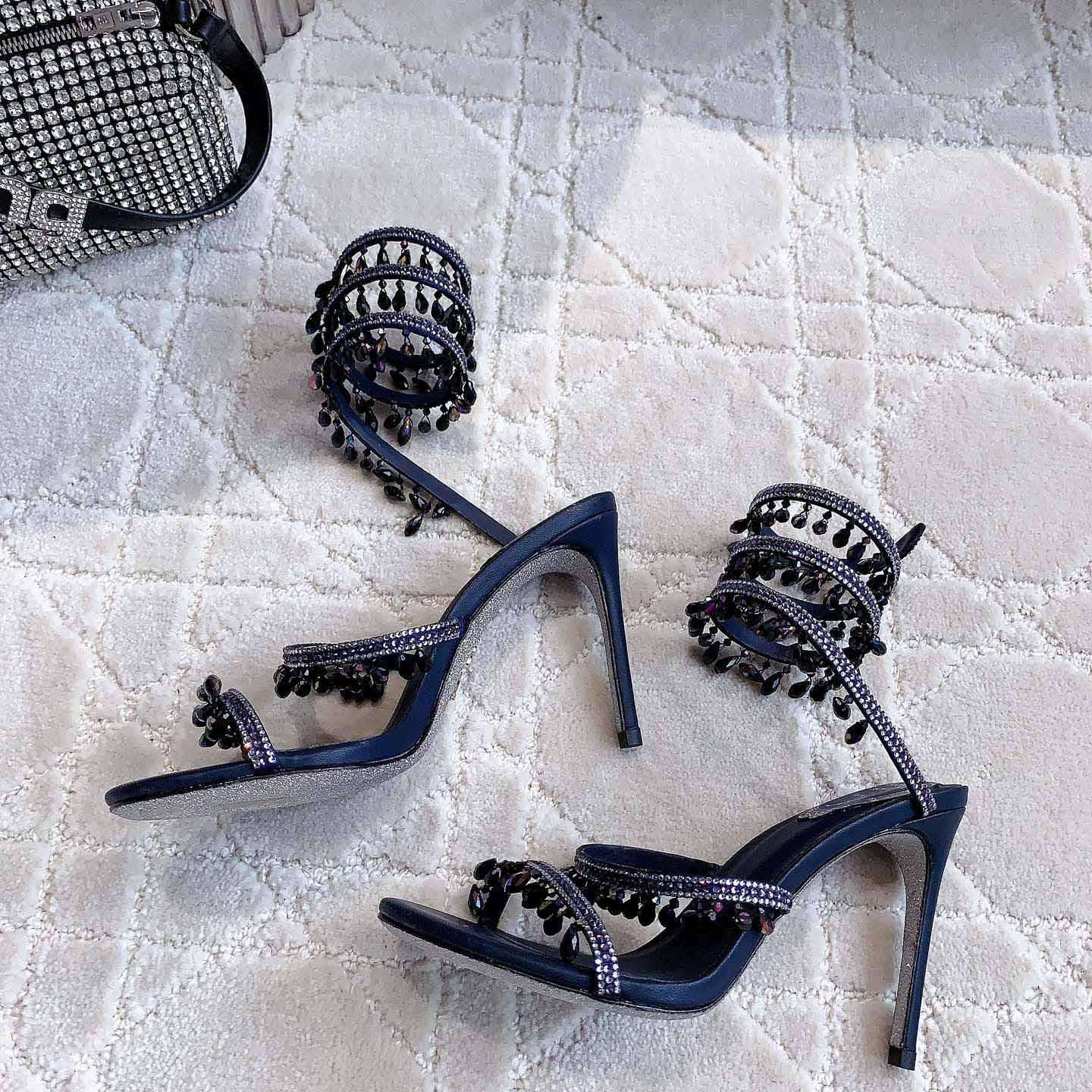 Rene Caovilla Jeweled Chandelier Crystal Teal Sandal  95mm - EUR FASHION