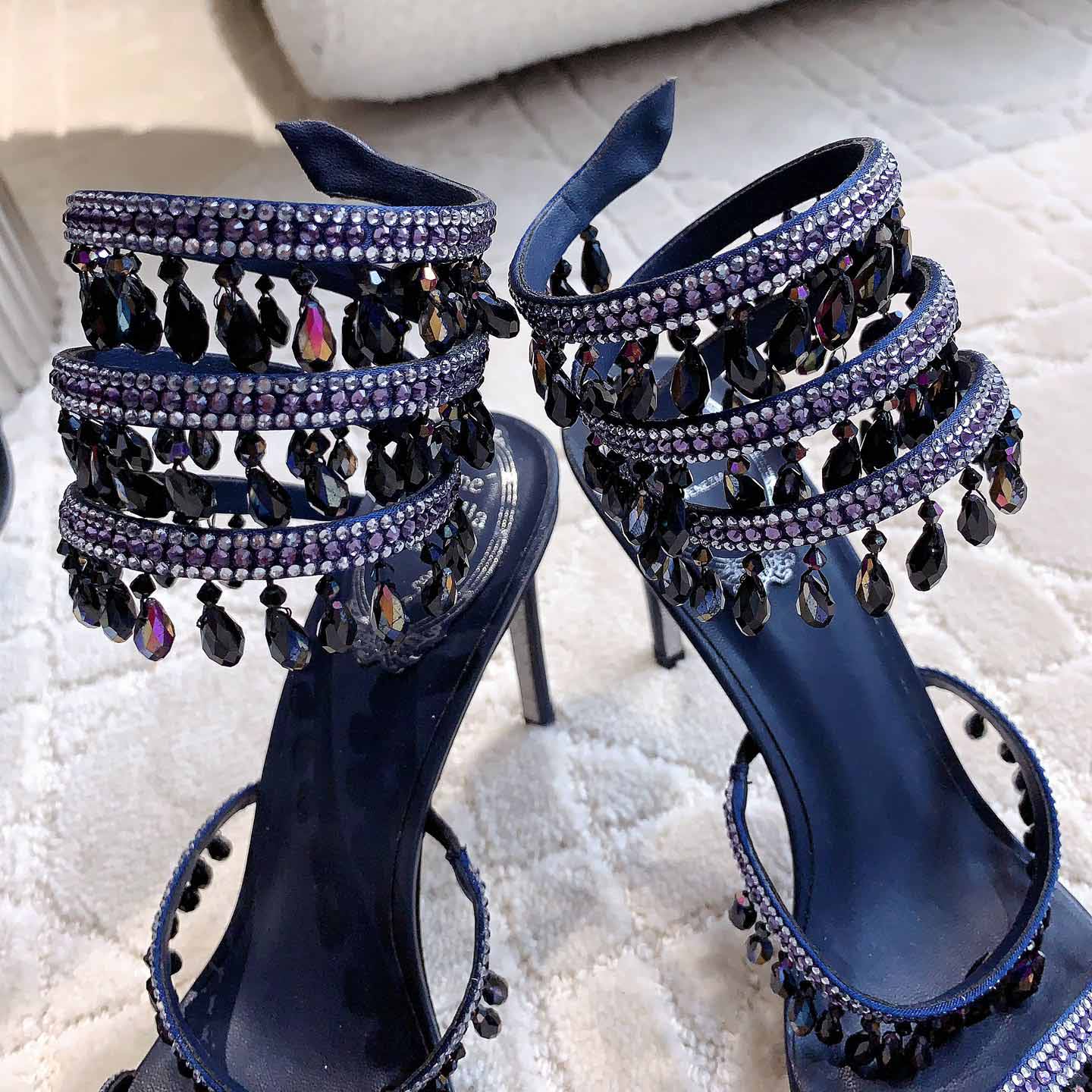 Rene Caovilla Jeweled Chandelier Crystal Teal Sandal  95mm - EUR FASHION