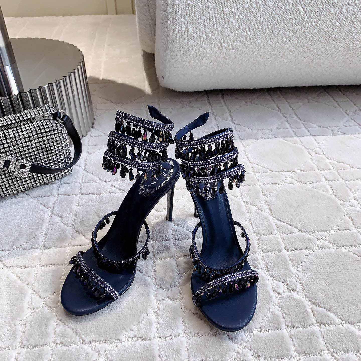 Rene Caovilla Jeweled Chandelier Crystal Teal Sandal  95mm - EUR FASHION