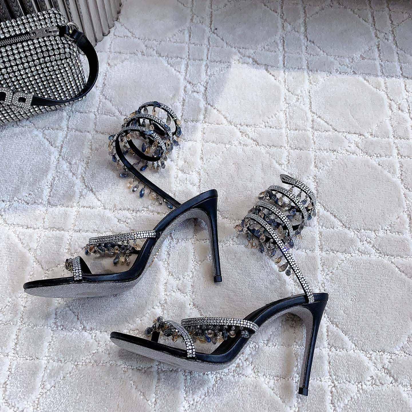 Rene Caovilla Jeweled Chandelier Crystal Teal Sandal  95mm - EUR FASHION