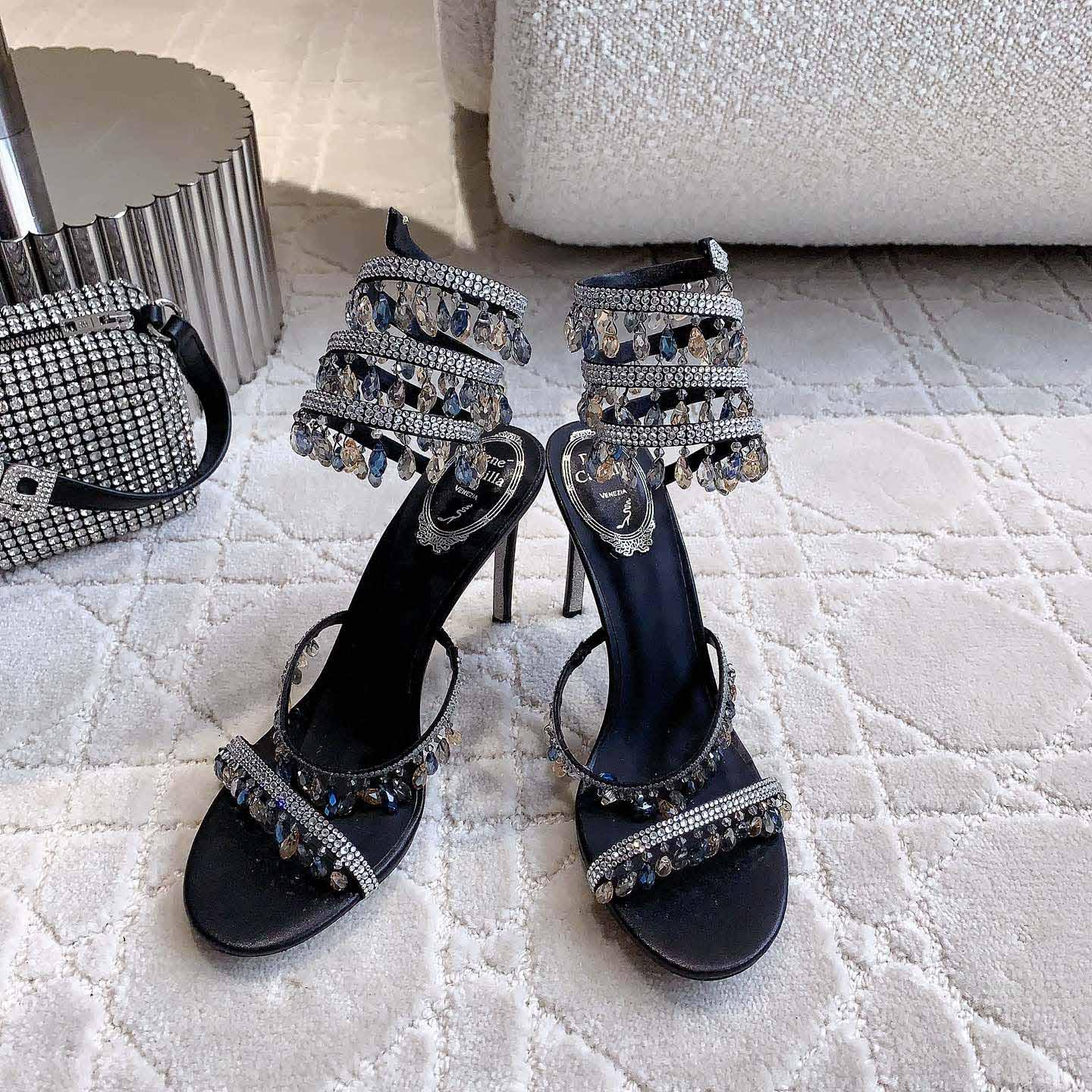 Rene Caovilla Jeweled Chandelier Crystal Teal Sandal  95mm - EUR FASHION