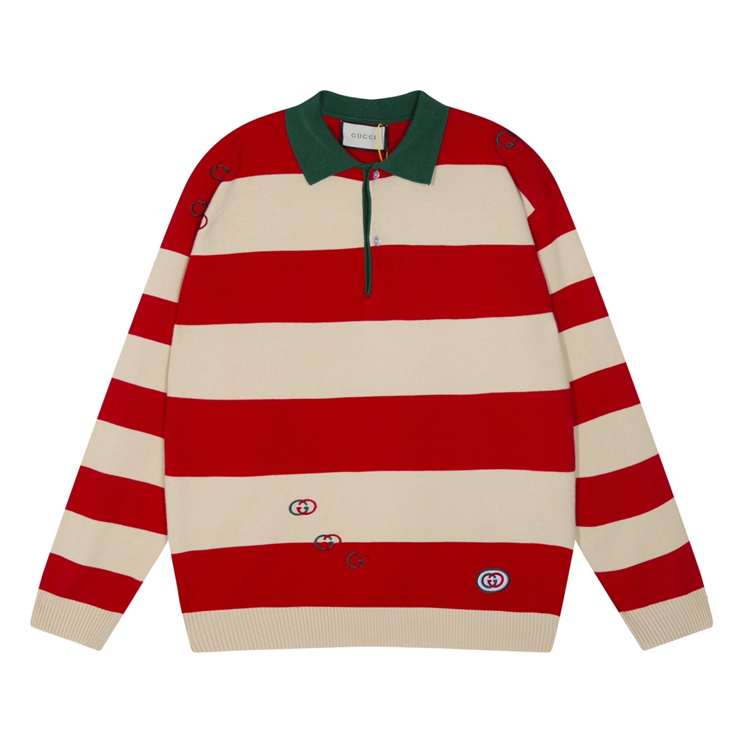 Gucci Logo Embroidered Striped Cotton Half-Placket Sweater - EUR FASHION