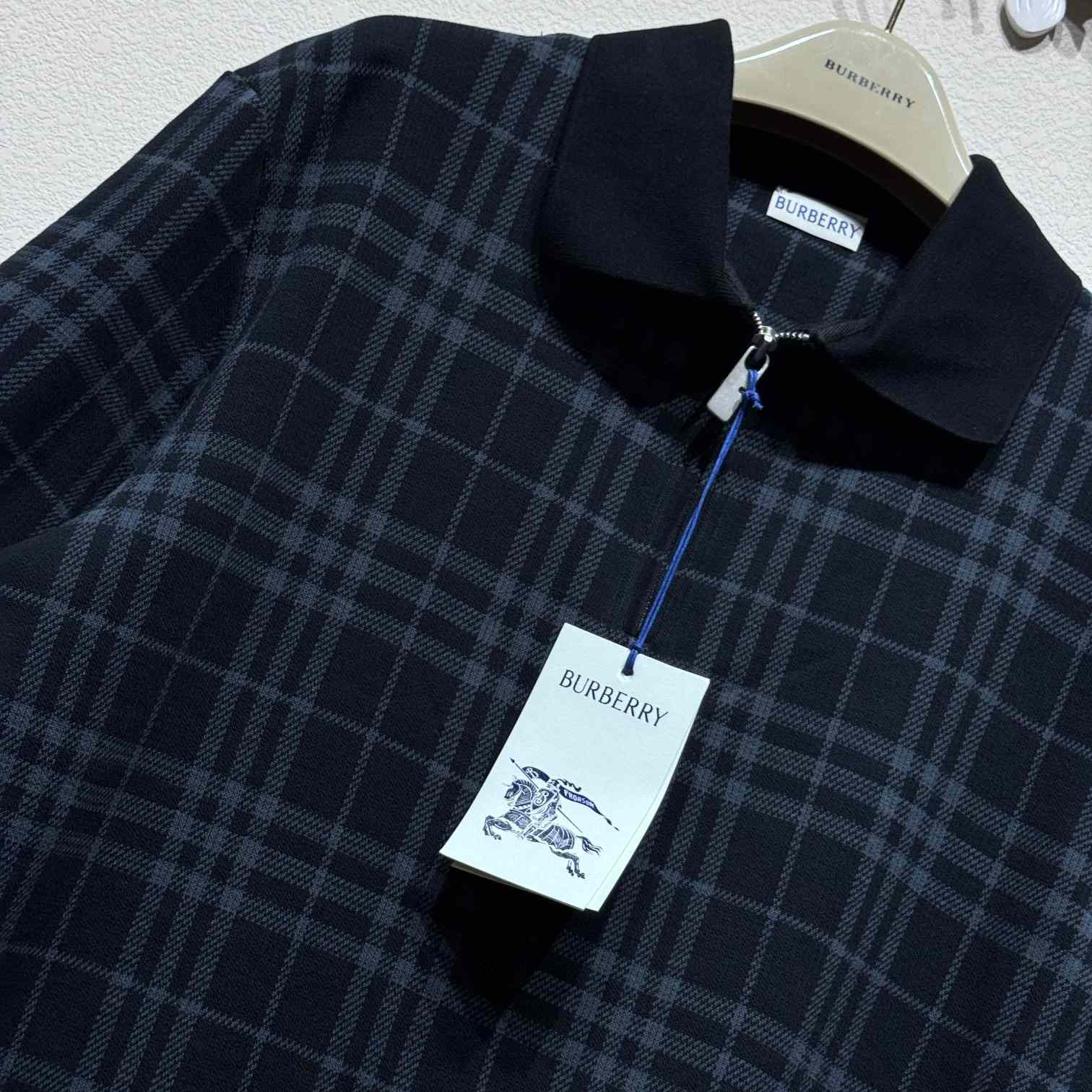 Burberry Navy Check Stretch Cotton Blend Polo - EUR FASHION