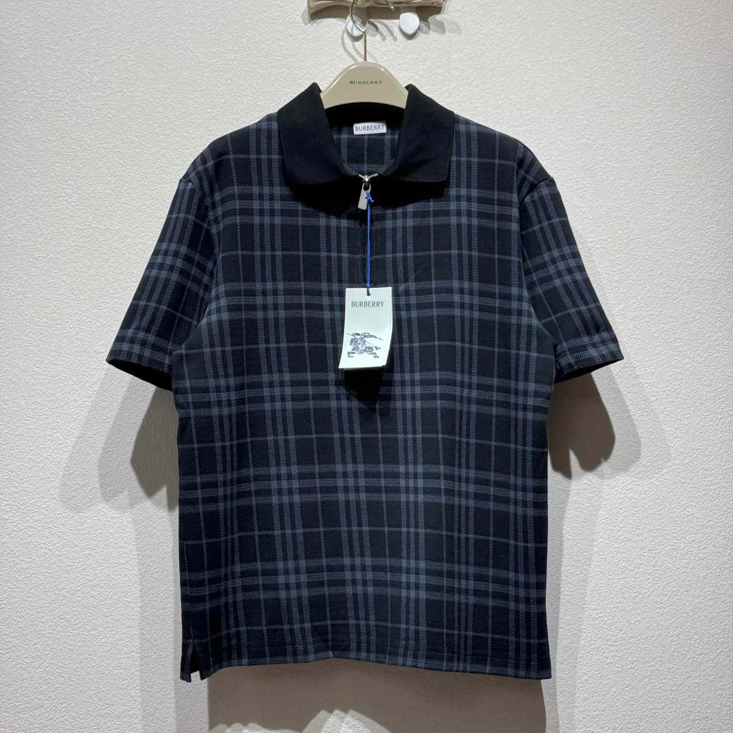 Burberry Navy Check Stretch Cotton Blend Polo - EUR FASHION