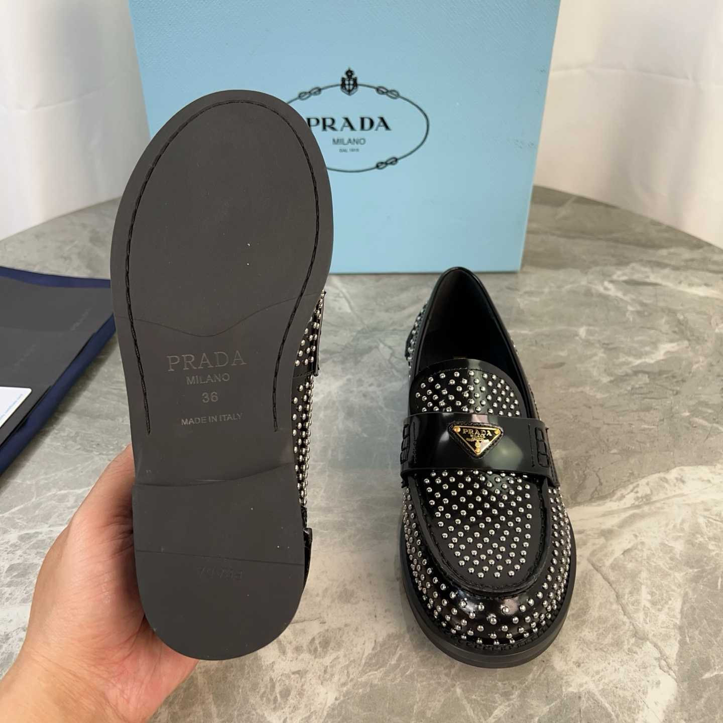 Prada Studded Brushed Leather Loafers - EUR FASHION