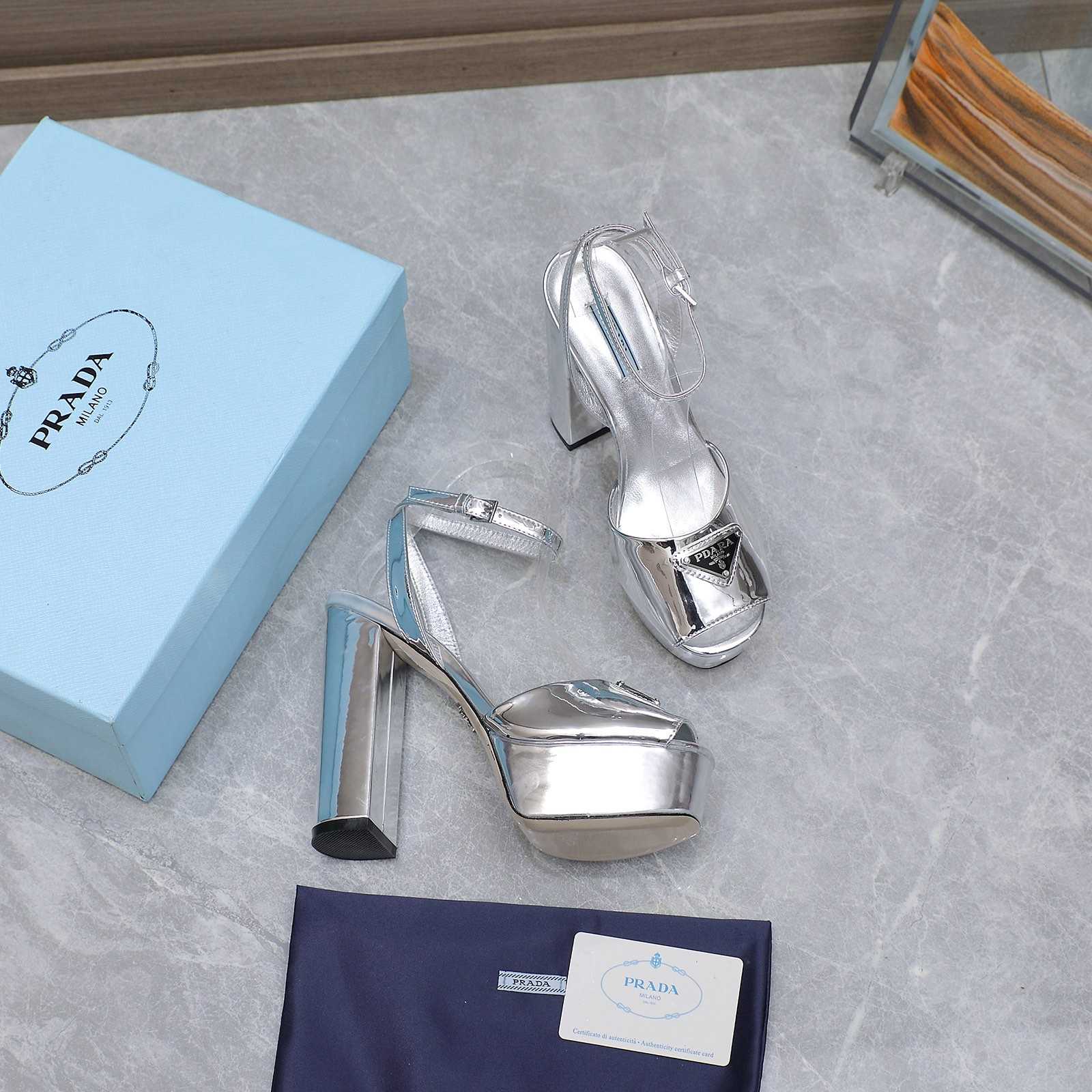 Prada Silver Tone Plateau Platform Sandals | Silver   13cm - EUR FASHION