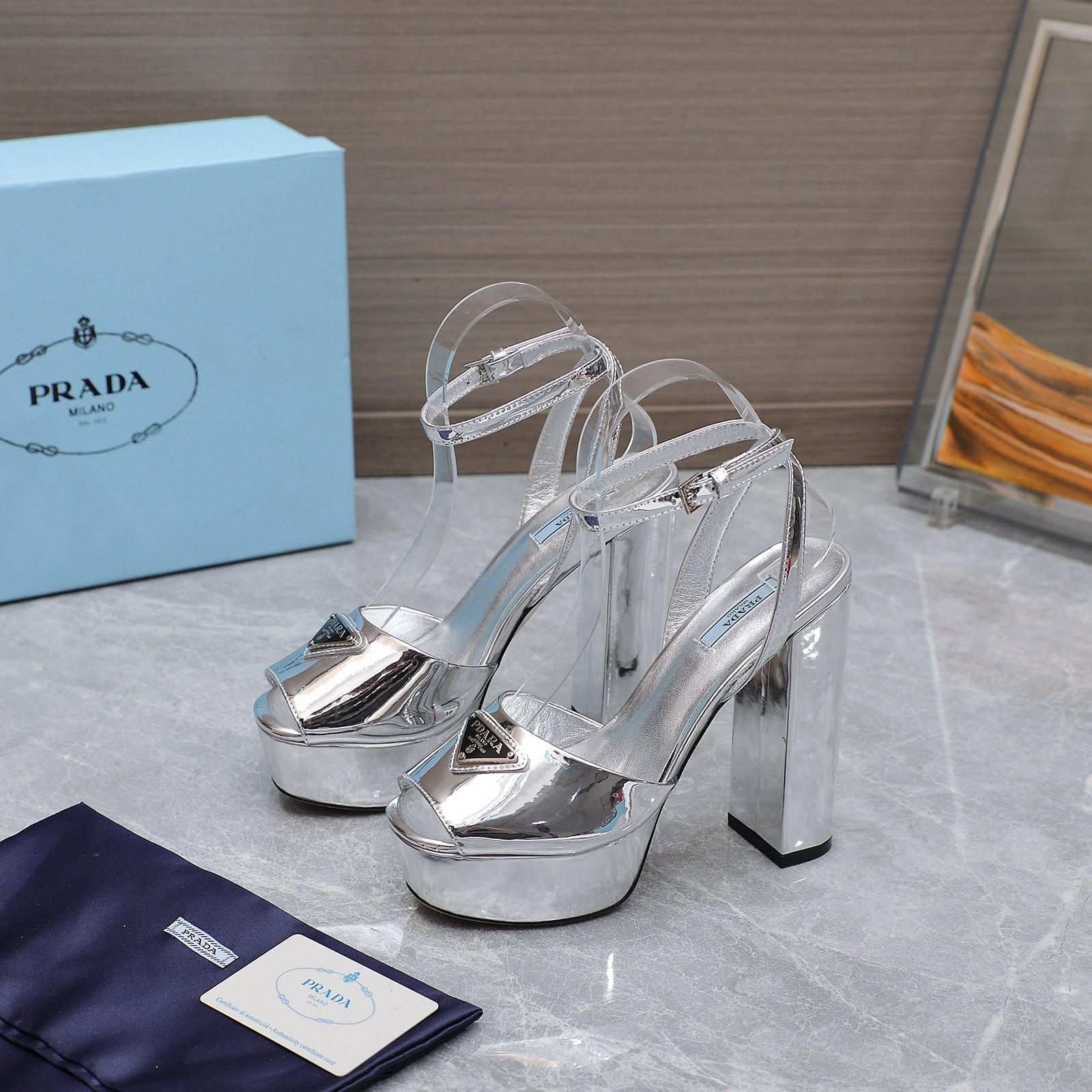 Prada Silver Tone Plateau Platform Sandals | Silver   13cm - EUR FASHION