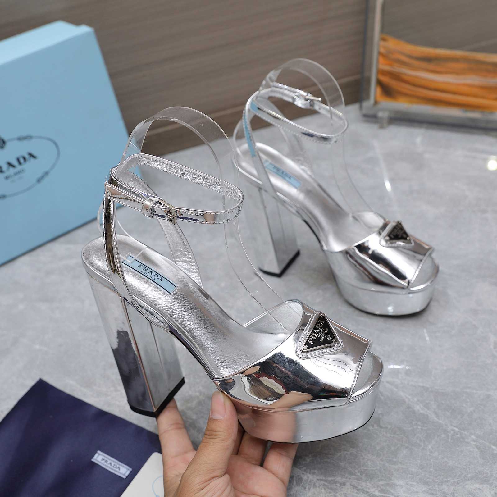 Prada Silver Tone Plateau Platform Sandals | Silver   13cm - EUR FASHION