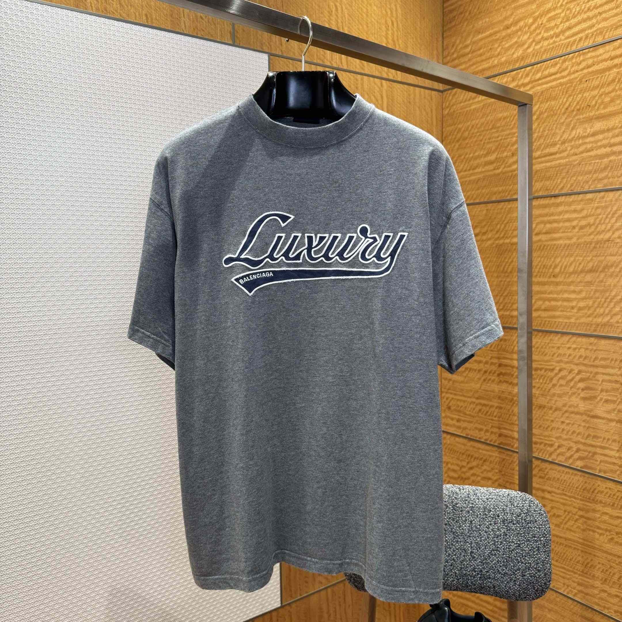 Balenciaga Luxury Script Oversized T-Shirt In Dark Heather Grey And Blue Dry Jersey - EUR FASHION