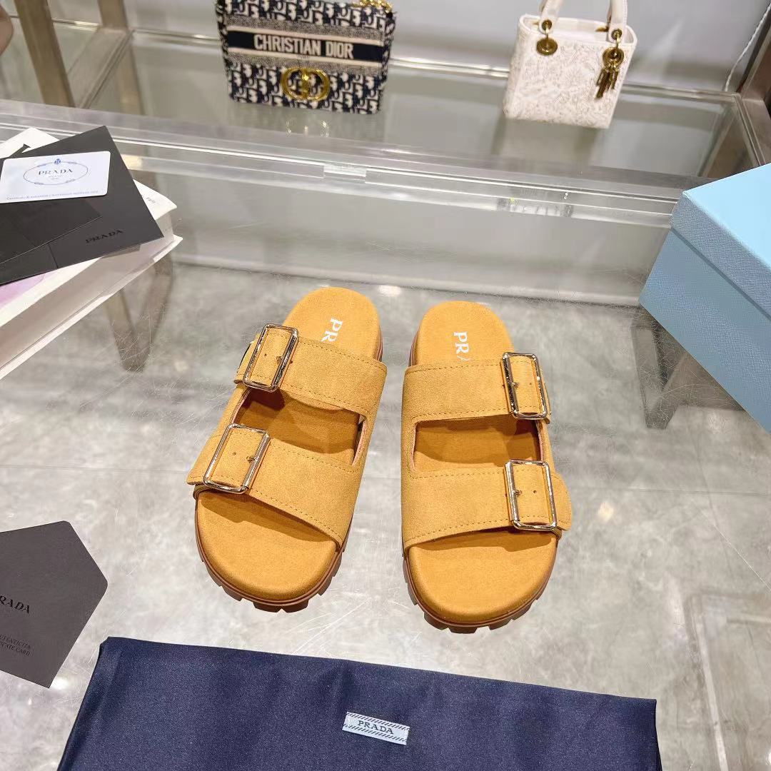 Prada Ecru Suede Strap Slides  - EUR FASHION