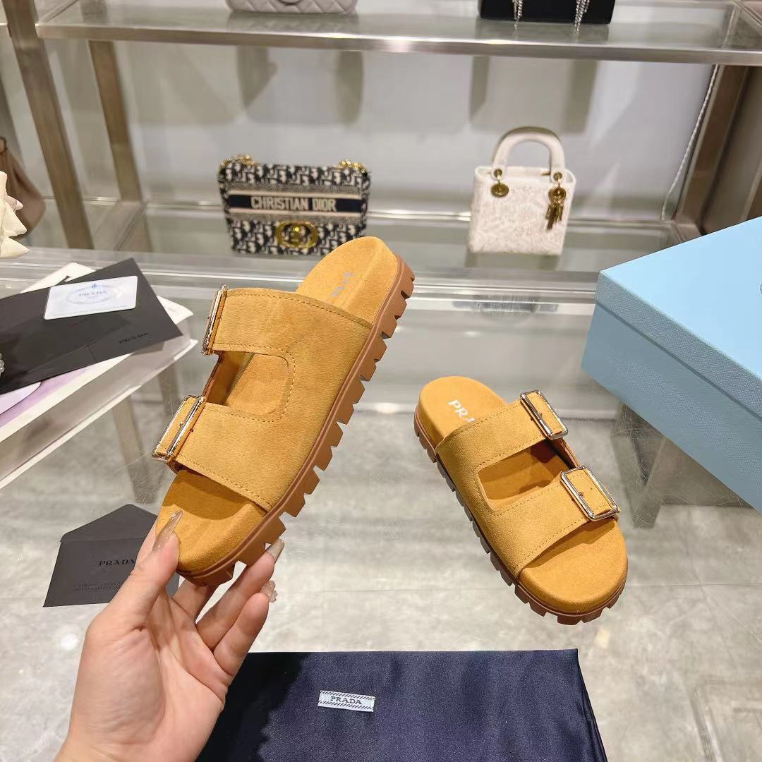 Prada Ecru Suede Strap Slides  - EUR FASHION