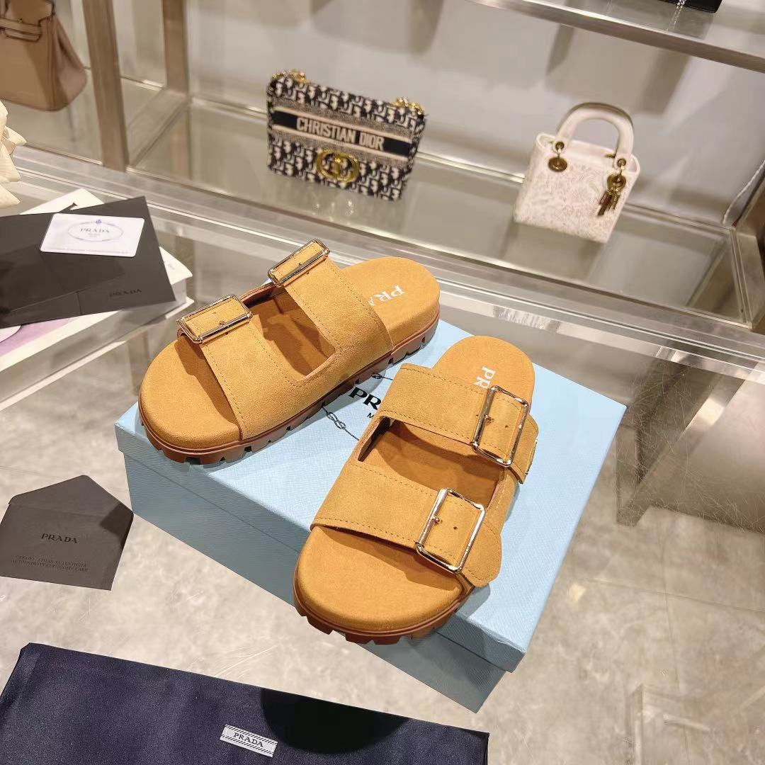 Prada Ecru Suede Strap Slides  - EUR FASHION