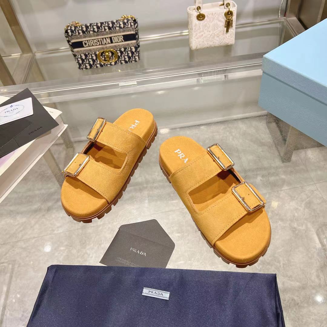 Prada Ecru Suede Strap Slides  - EUR FASHION