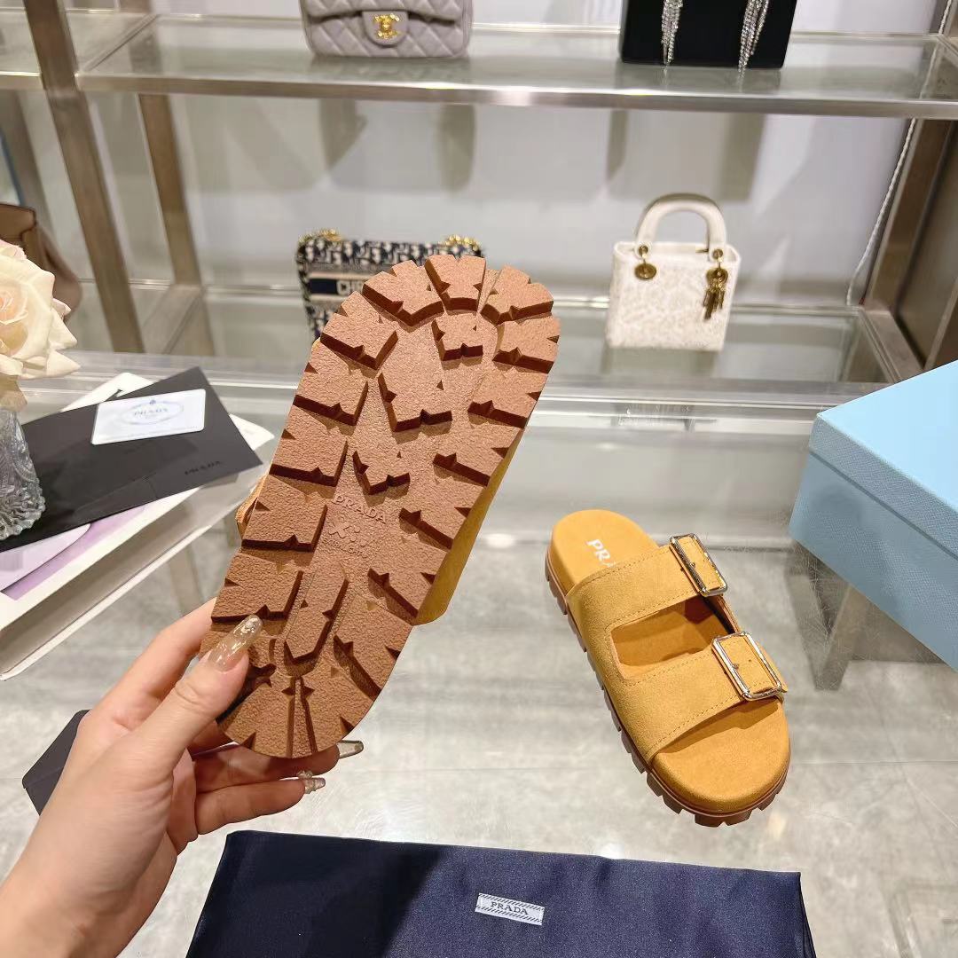 Prada Ecru Suede Strap Slides  - EUR FASHION
