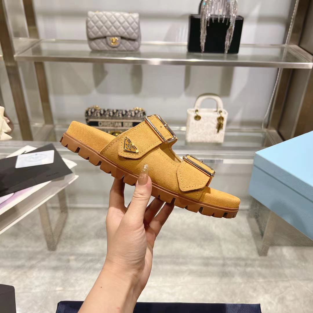 Prada Ecru Suede Strap Slides  - EUR FASHION