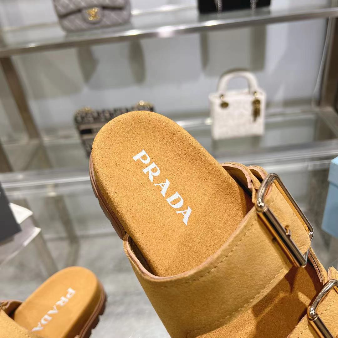 Prada Ecru Suede Strap Slides  - EUR FASHION