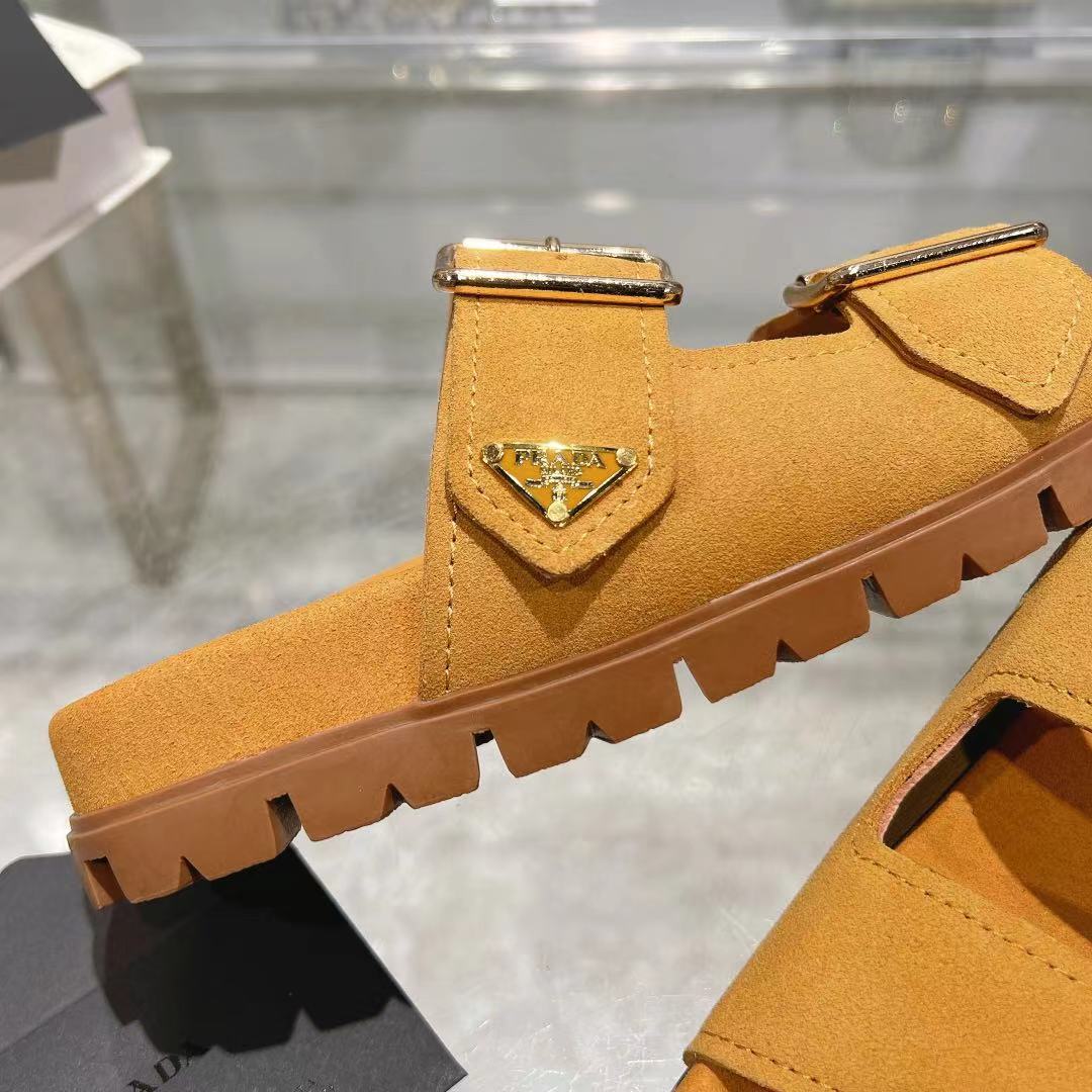 Prada Ecru Suede Strap Slides  - EUR FASHION