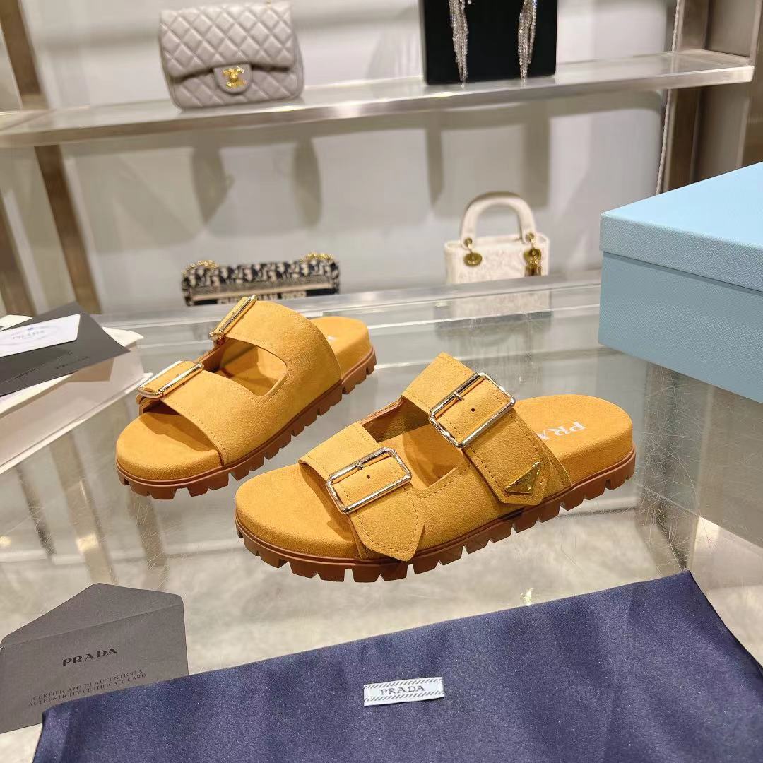Prada Ecru Suede Strap Slides  - EUR FASHION