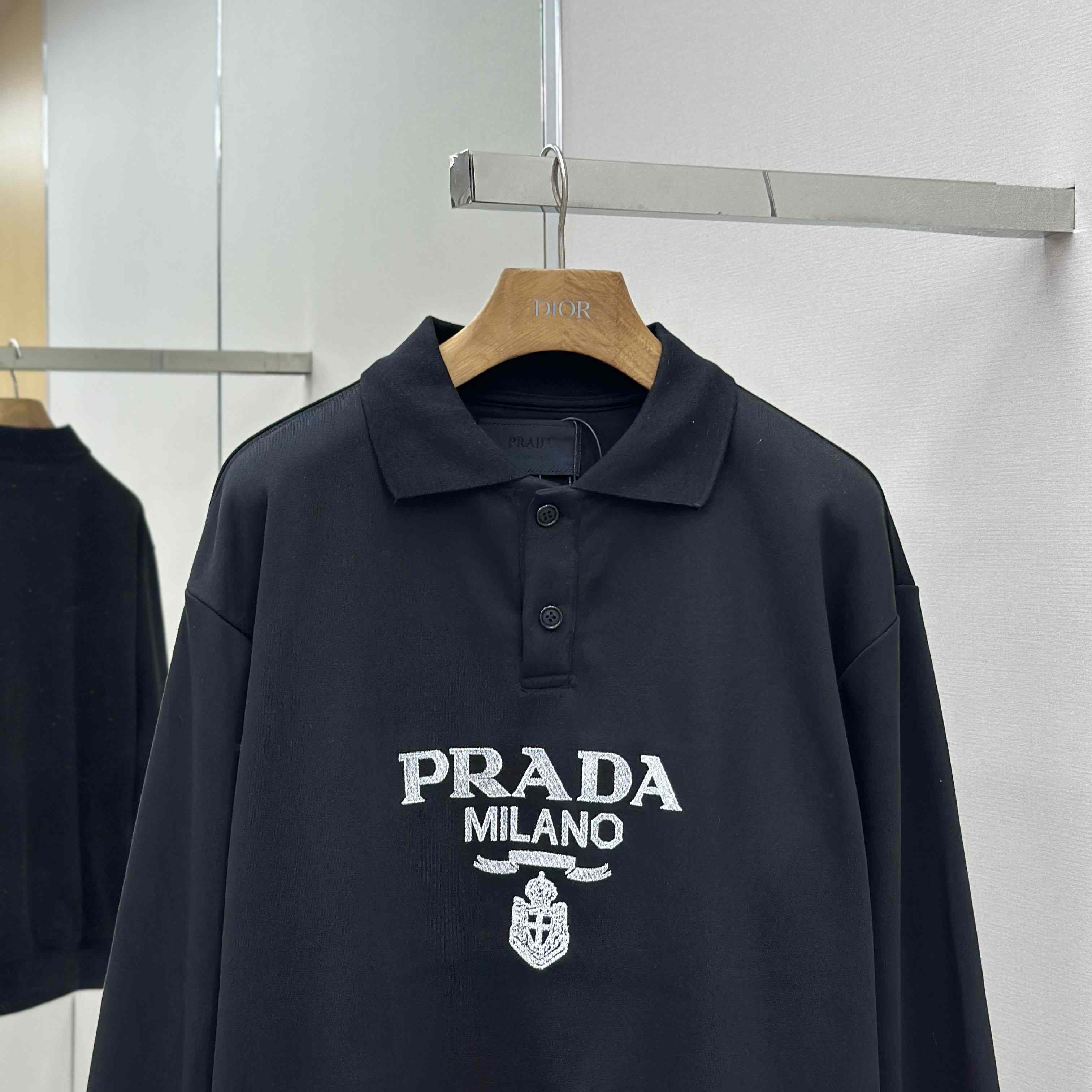 Prada Marble Black Long-sleeved Cotton Polo Shirt - EUR FASHION