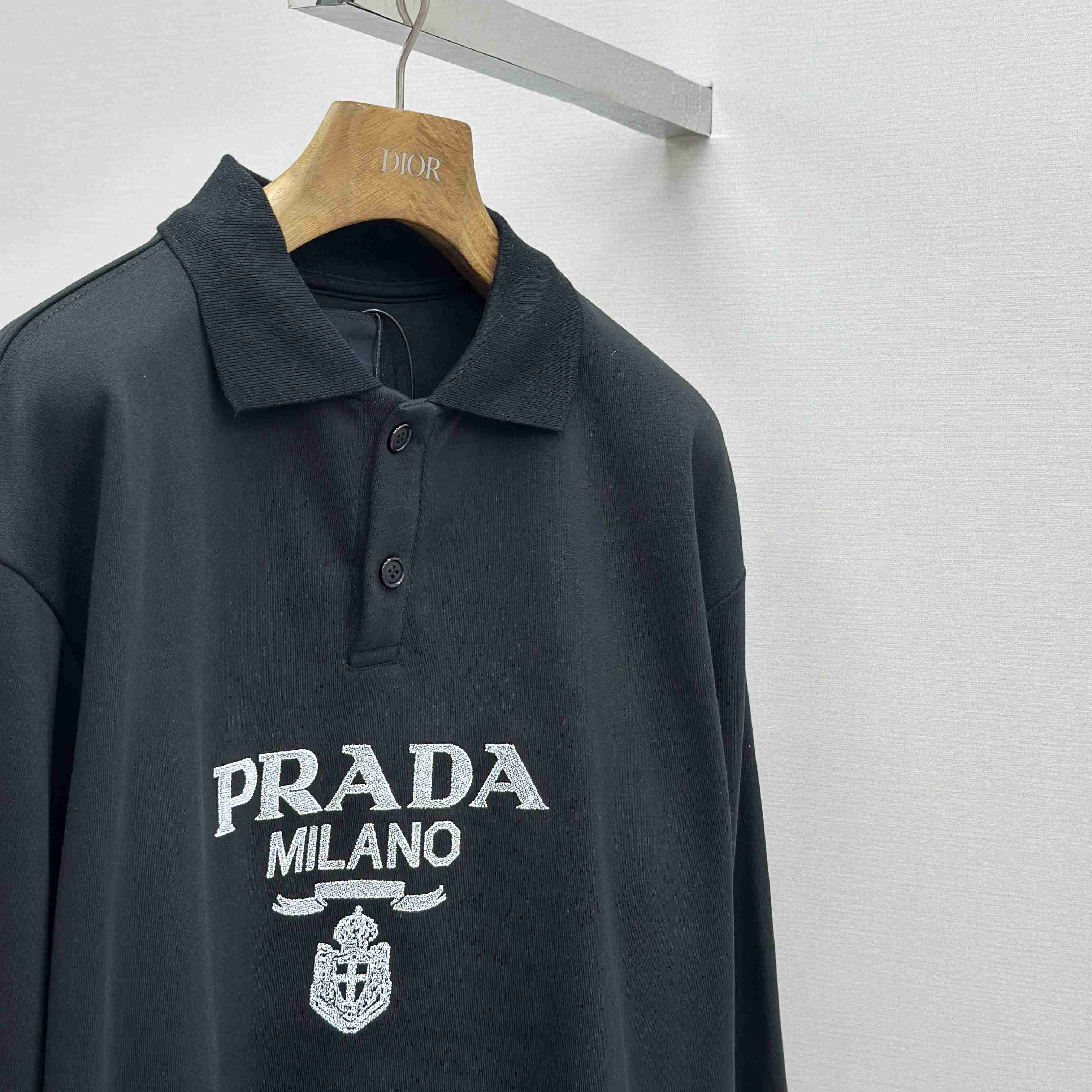 Prada Marble Black Long-sleeved Cotton Polo Shirt - EUR FASHION