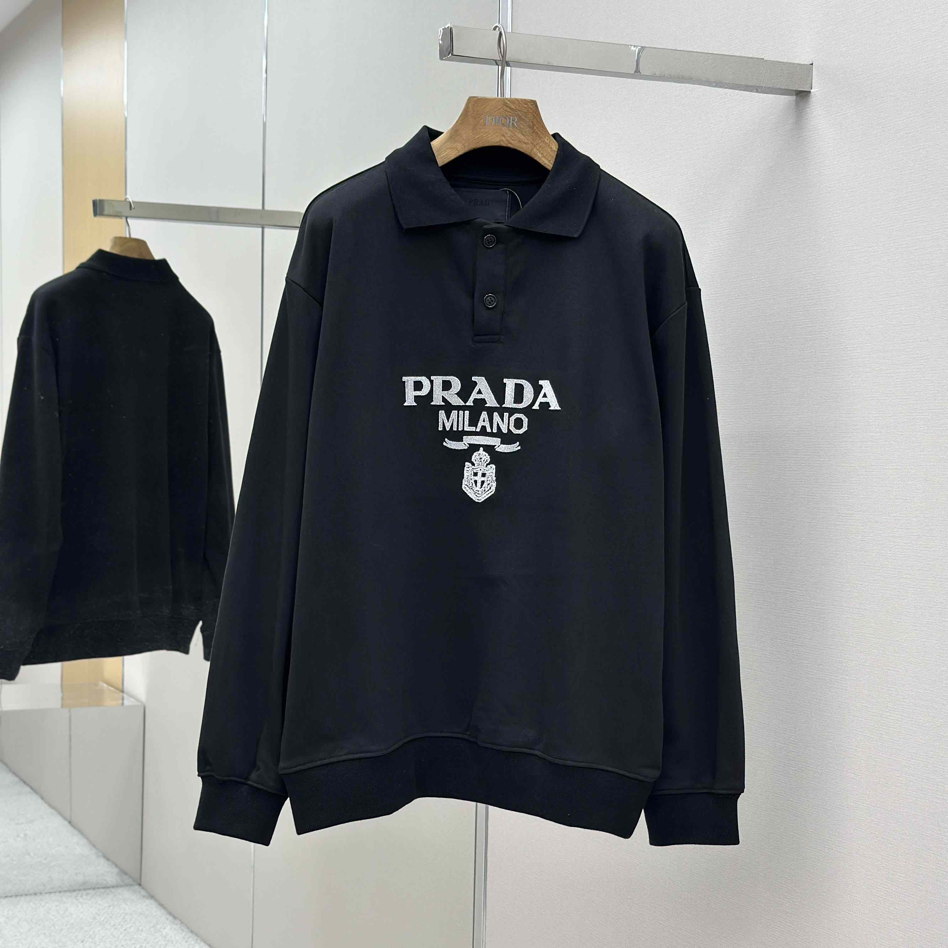 Prada Marble Black Long-sleeved Cotton Polo Shirt - EUR FASHION