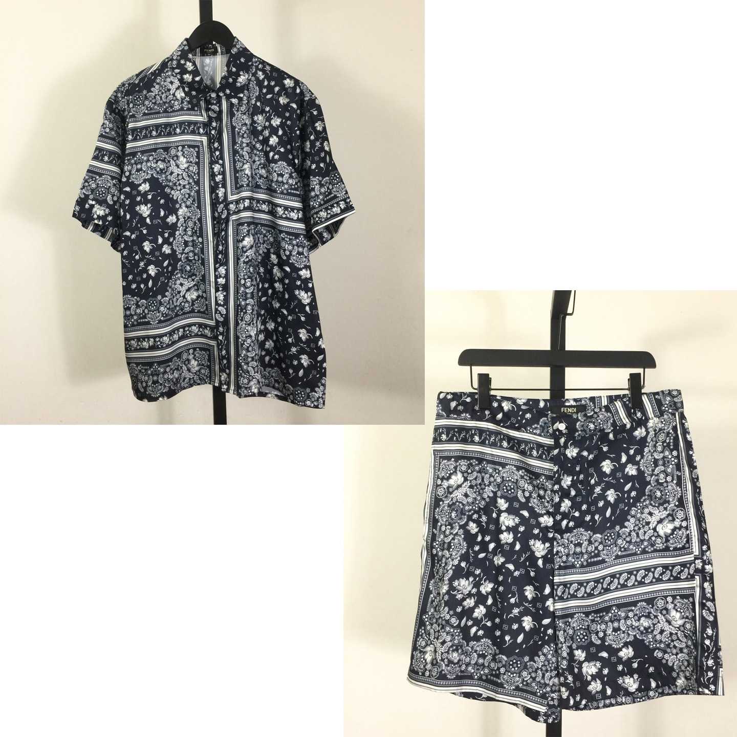 Fendi White And Blue Silk Shirt & Shorts - EUR FASHION