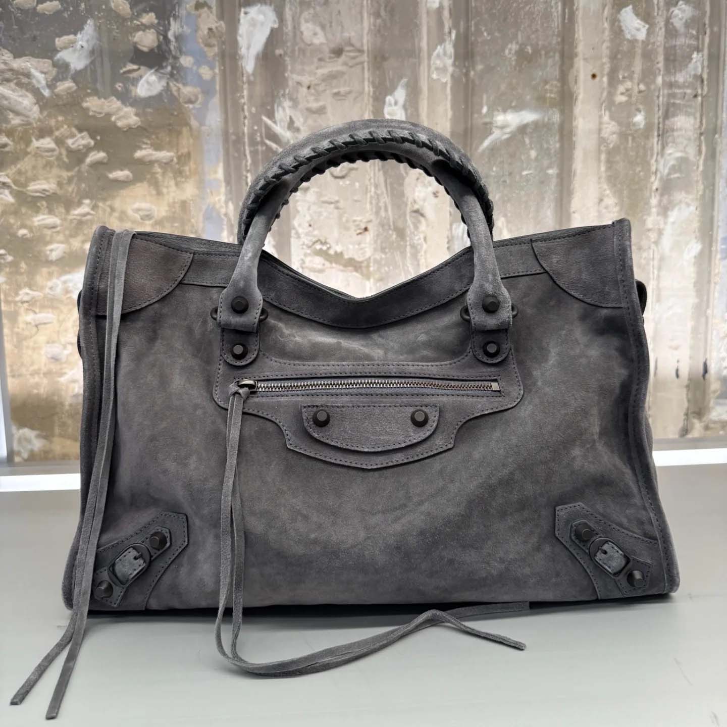 Balenciaga Le City Bag Medium in storm grey suede calfskin, brass hardware - EUR FASHION