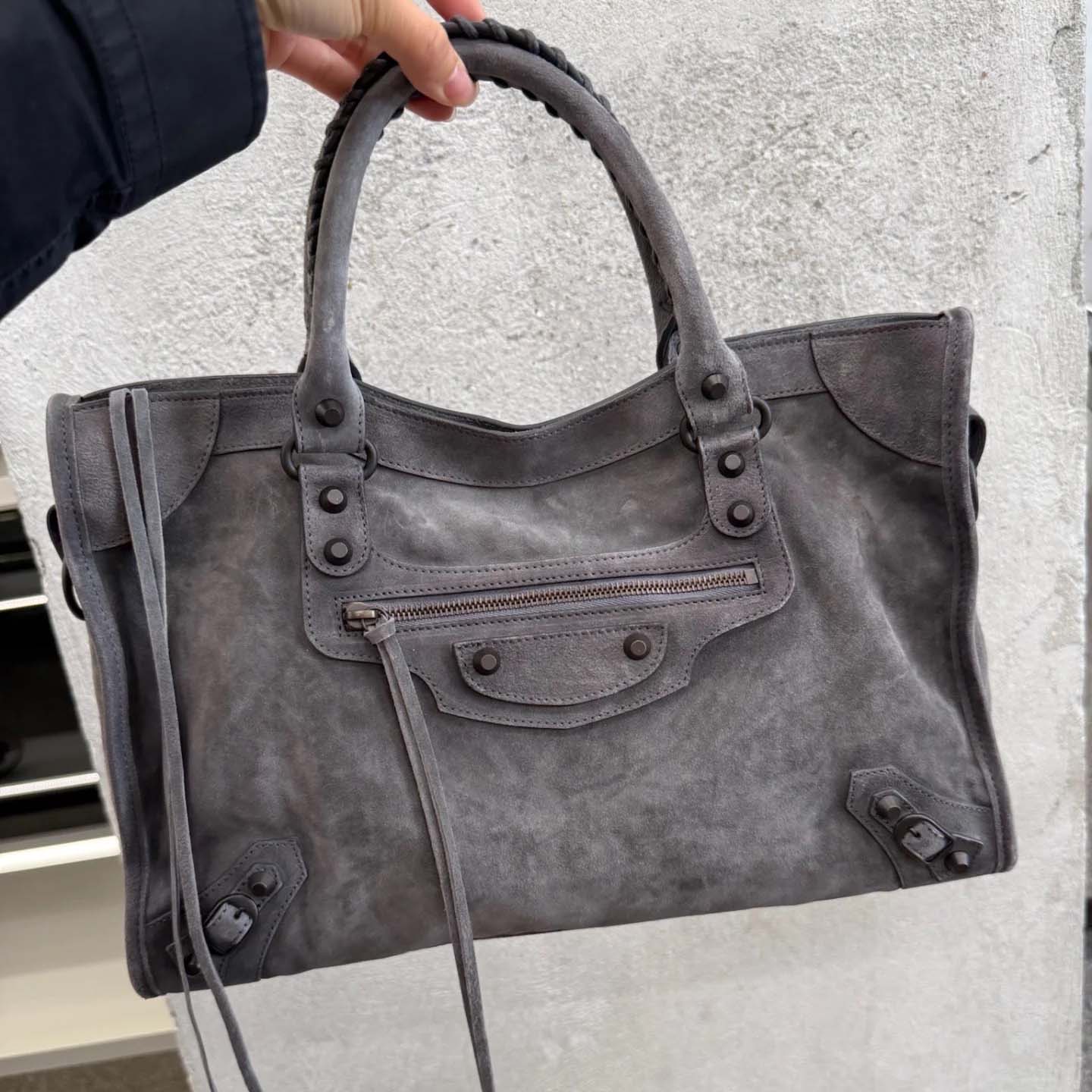 Balenciaga Le City Bag Medium in storm grey suede calfskin, brass hardware - EUR FASHION