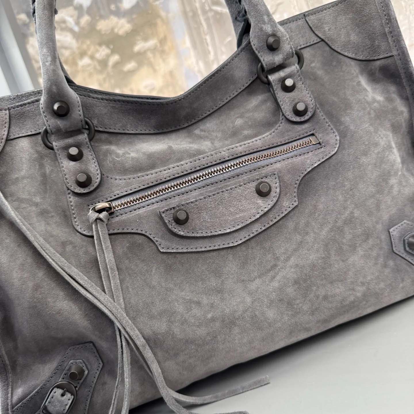 Balenciaga Le City Bag Medium in storm grey suede calfskin, brass hardware - EUR FASHION