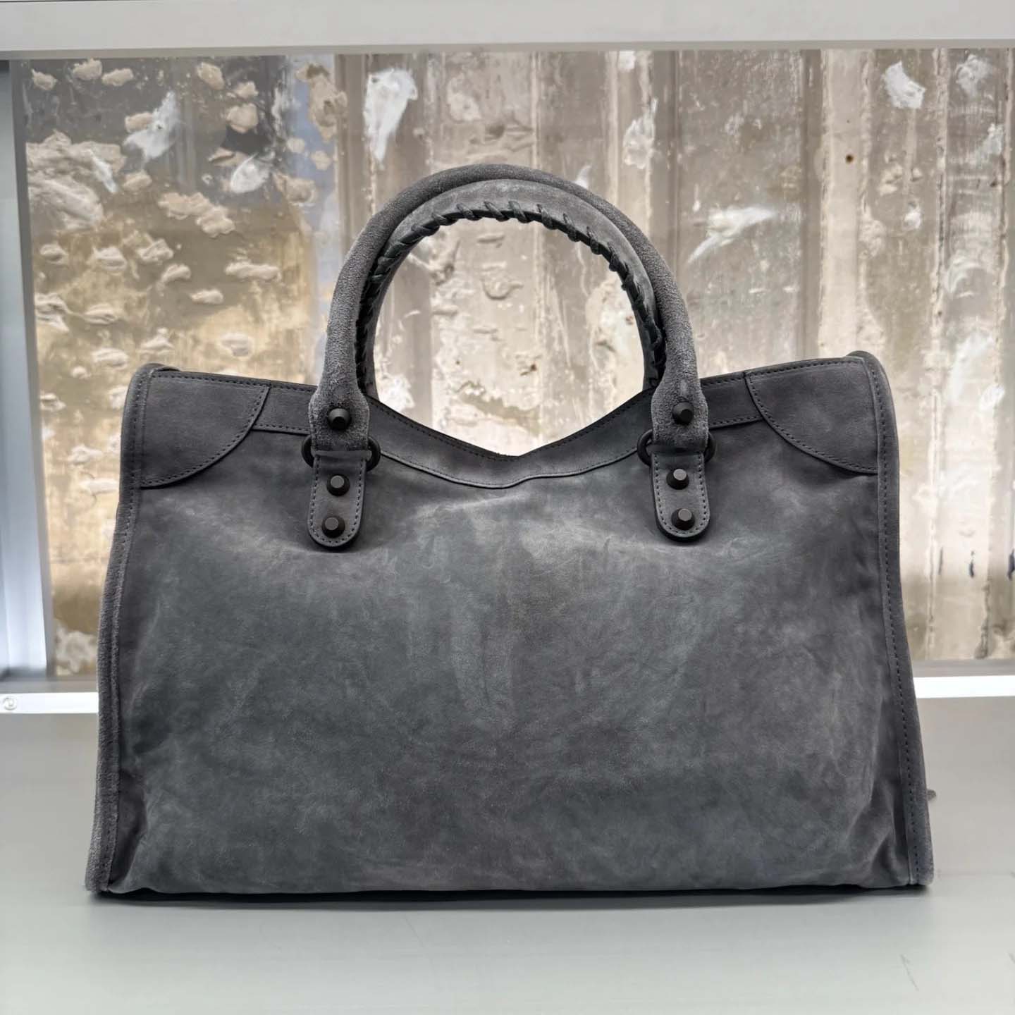 Balenciaga Le City Bag Medium in storm grey suede calfskin, brass hardware - EUR FASHION