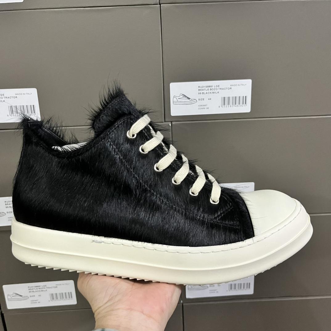 Rick Owens Black Pony Hair Low Sneakers - EUR FASHION