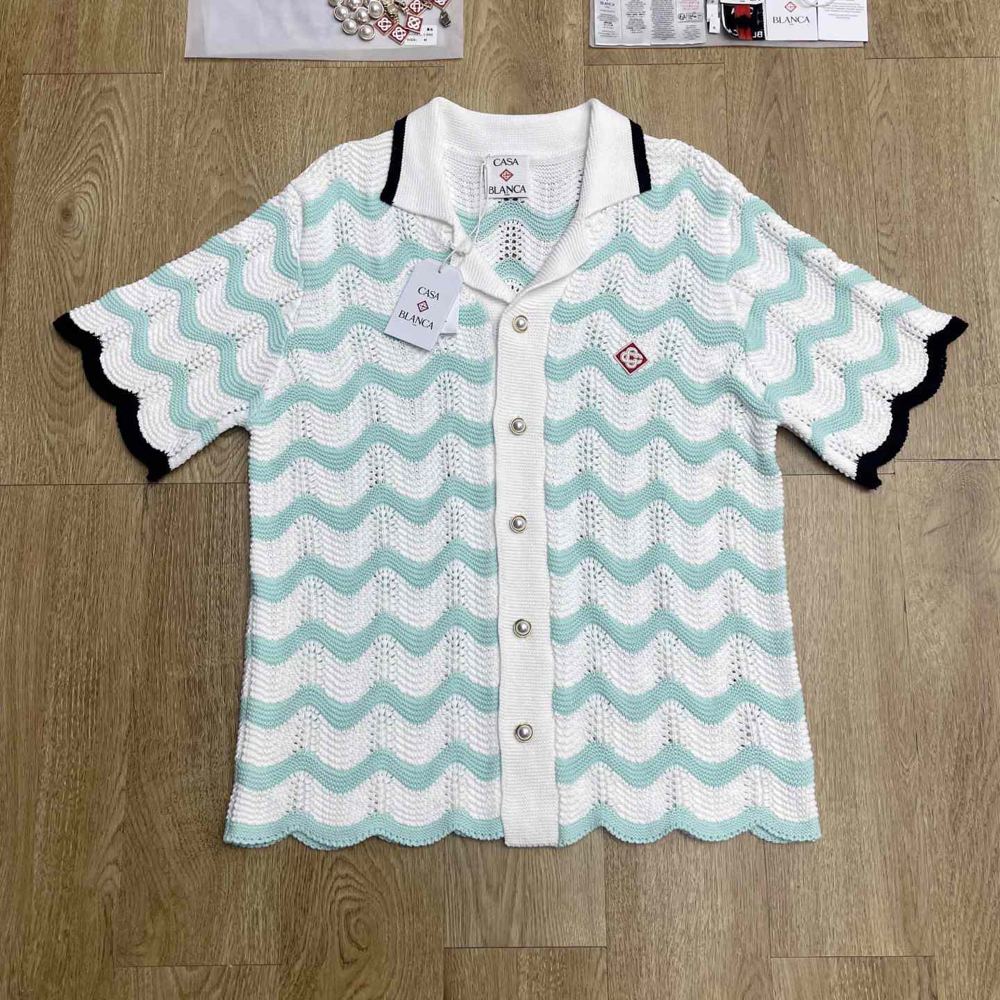 Casablanca Gradient Wave Cotton Crochet Short Sleeve Shirt   D0110 - EUR FASHION